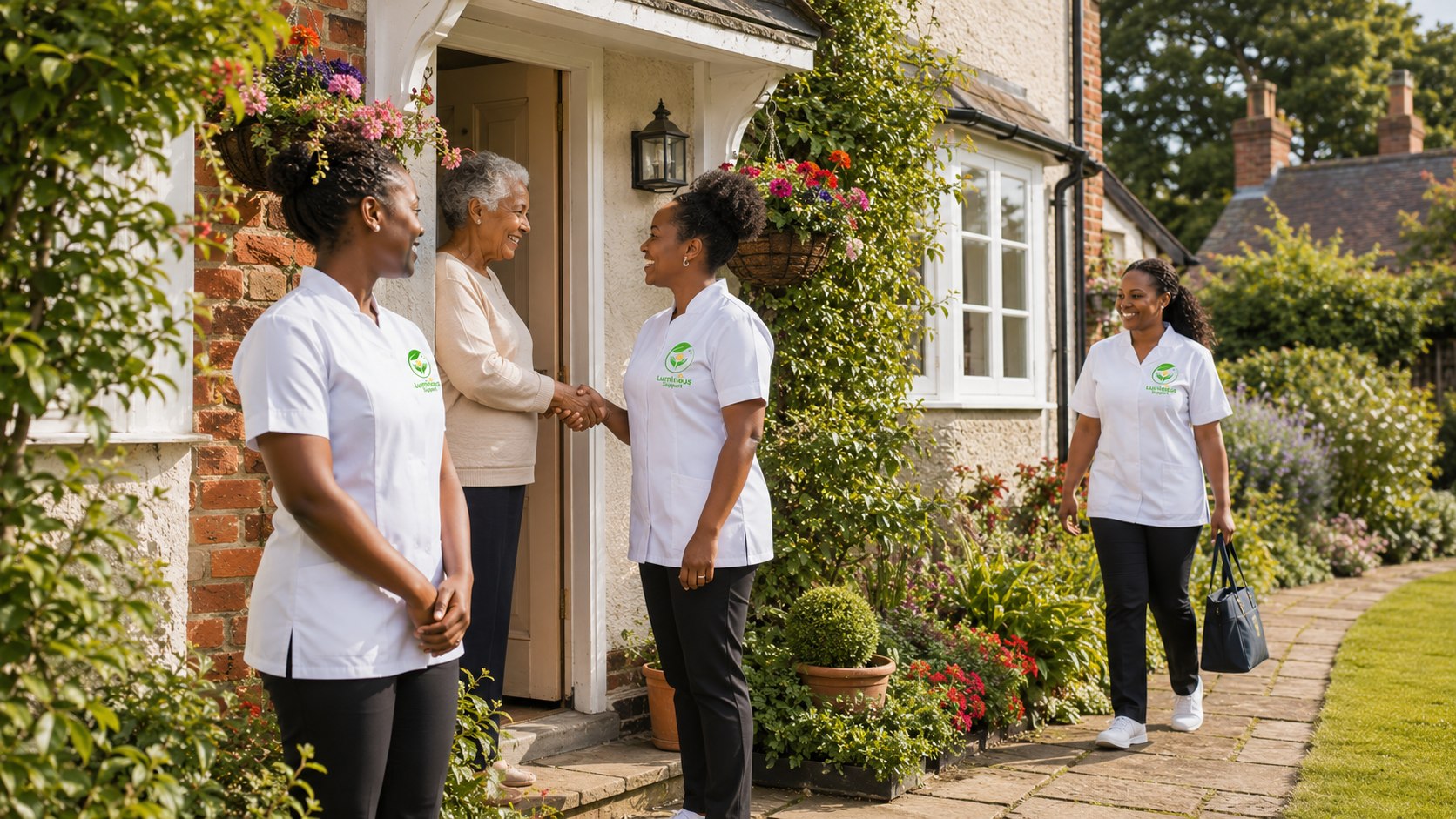 Two support workers greeting an older woman at her cottage door, with a third colleague arriving along the garden path