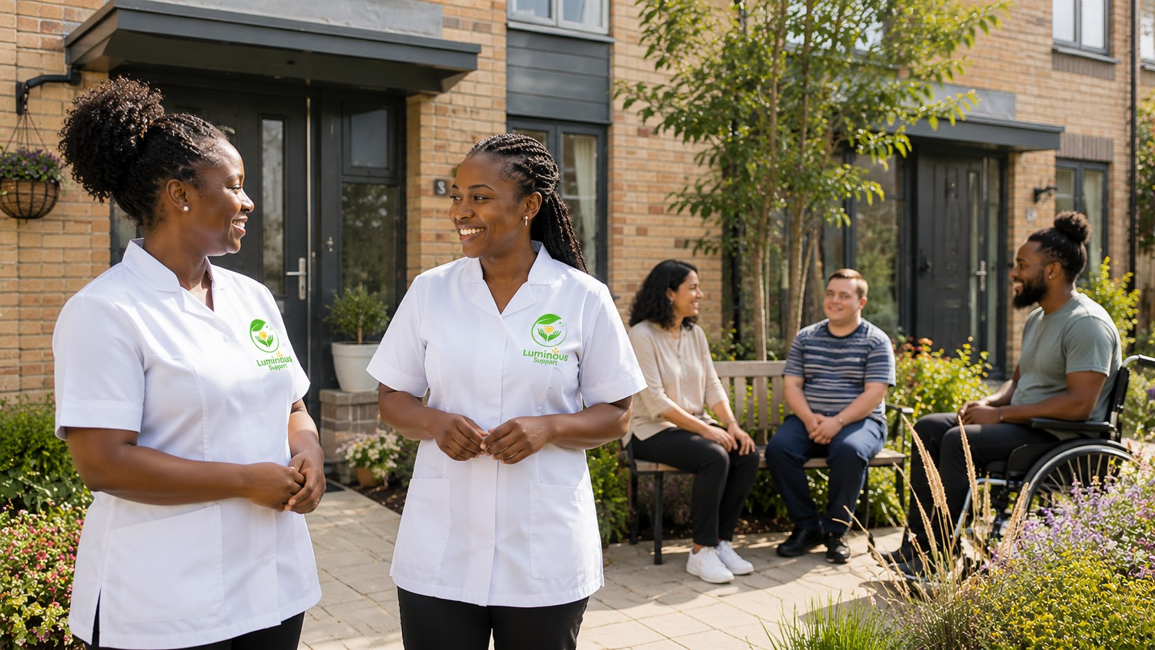 Two support workers chatting in a courtyard while three people they support relax together in the background, including a wheelchair user