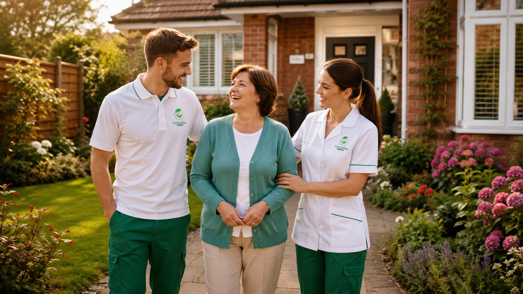 Two Luminous Support workers walking an older woman through her front garden, all three smiling