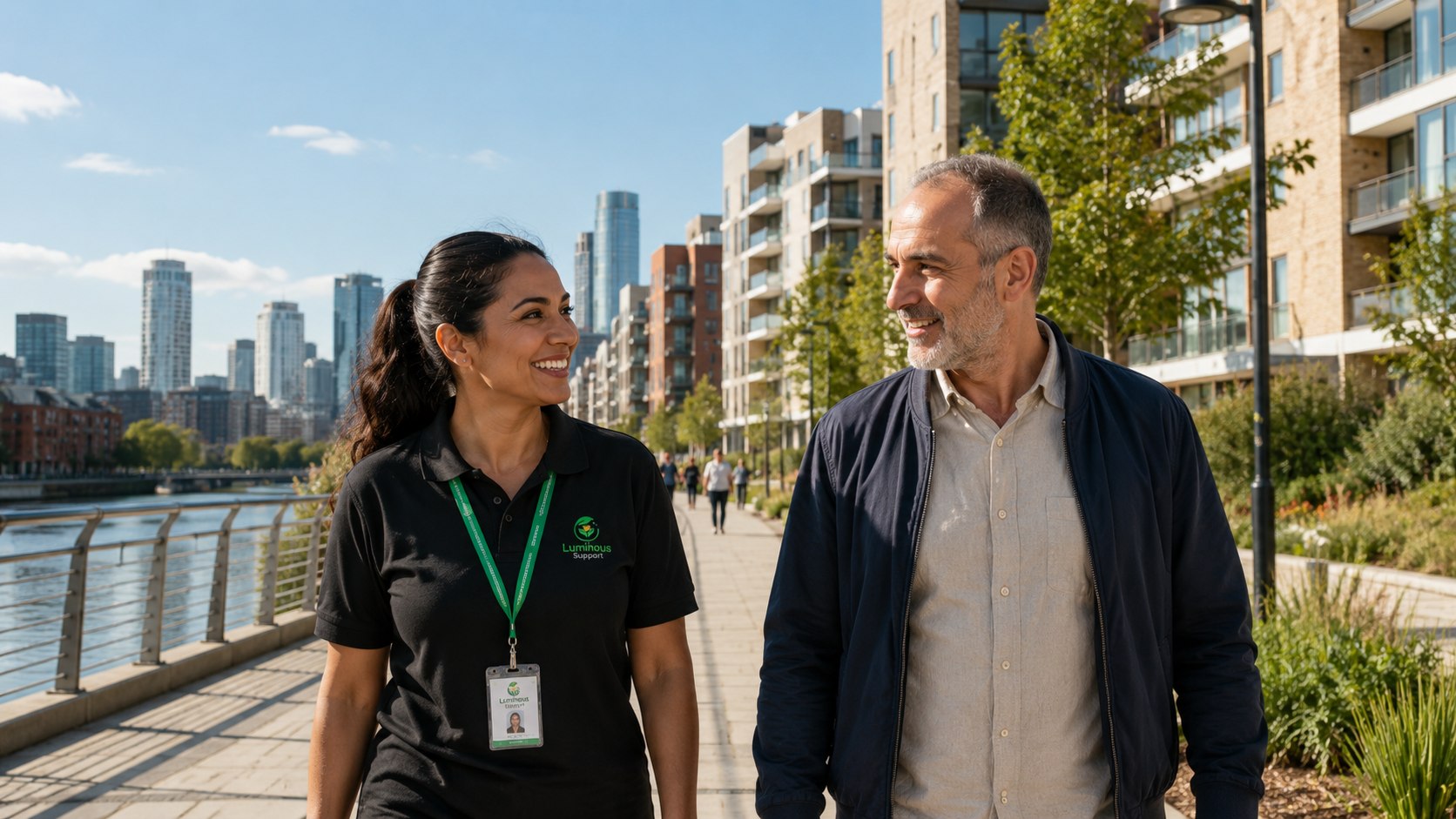 A support worker and client walking and chatting together along a riverside path, with the Canary Wharf skyline behind them