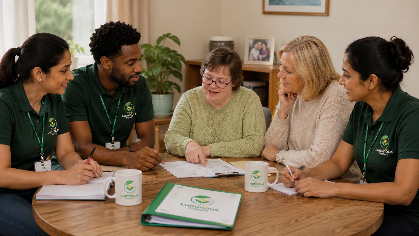 Four Luminous Support team members gathered warmly around a table with two people they support