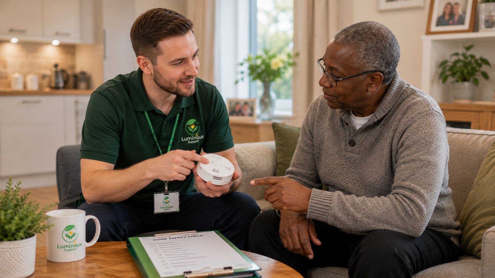 A support worker talking an older man through a home safety check in his living room