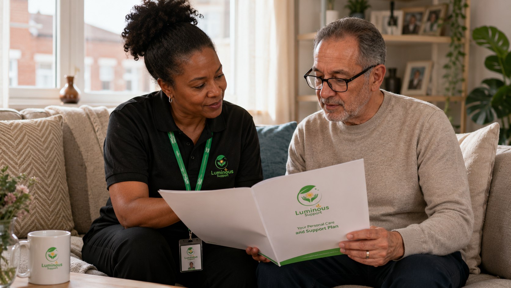 A support worker showing a client their personalised care and support plan document on the sofa