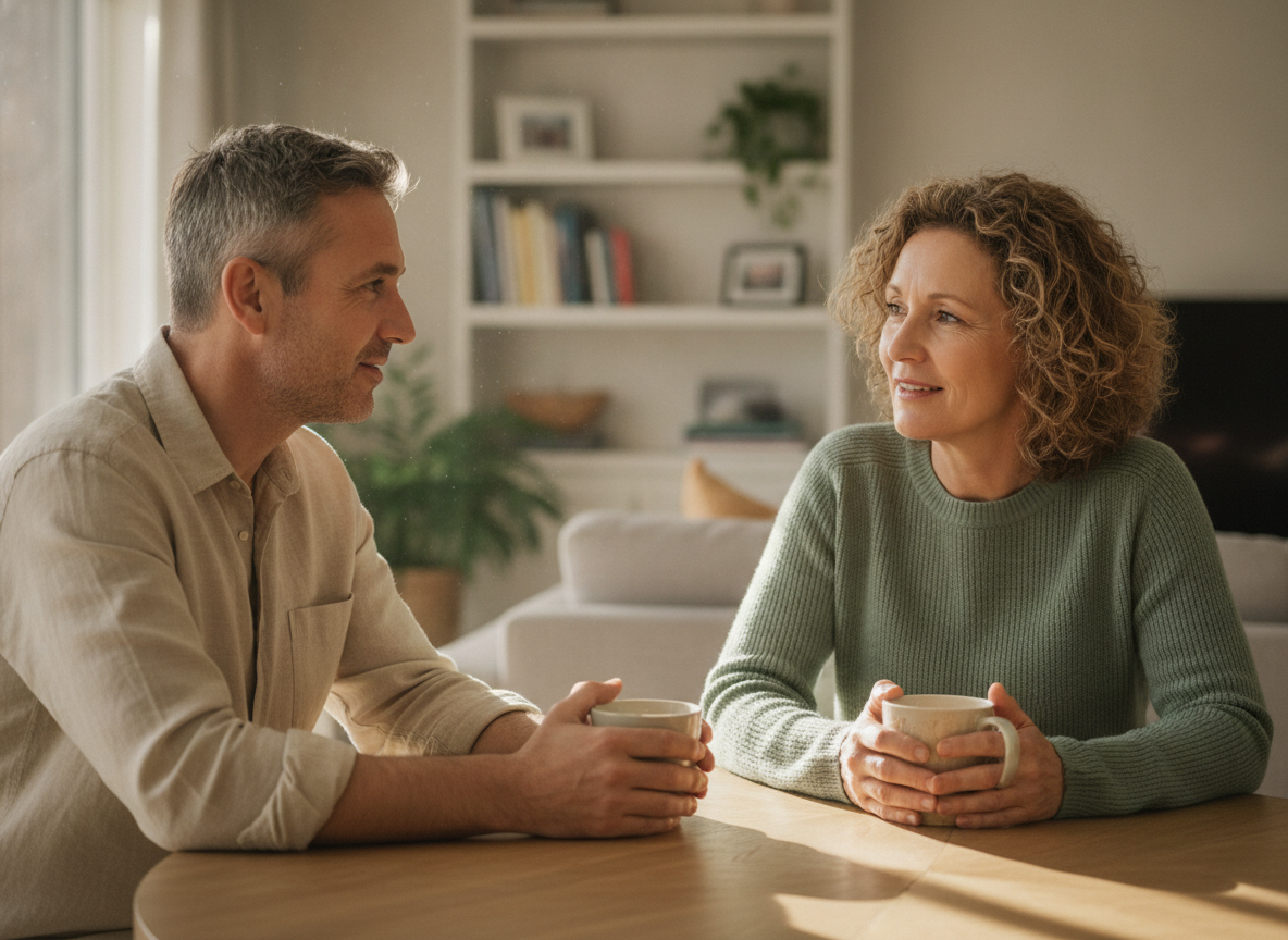 A support worker and an adult chatting naturally at home, relaxed and at ease, in a modern British living room