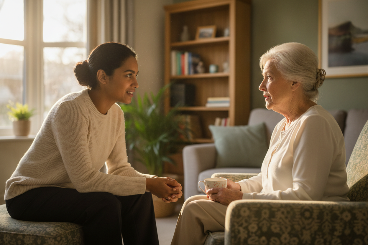 A support worker listening attentively to an older adult at home, an intimate and professional moment of genuine connection