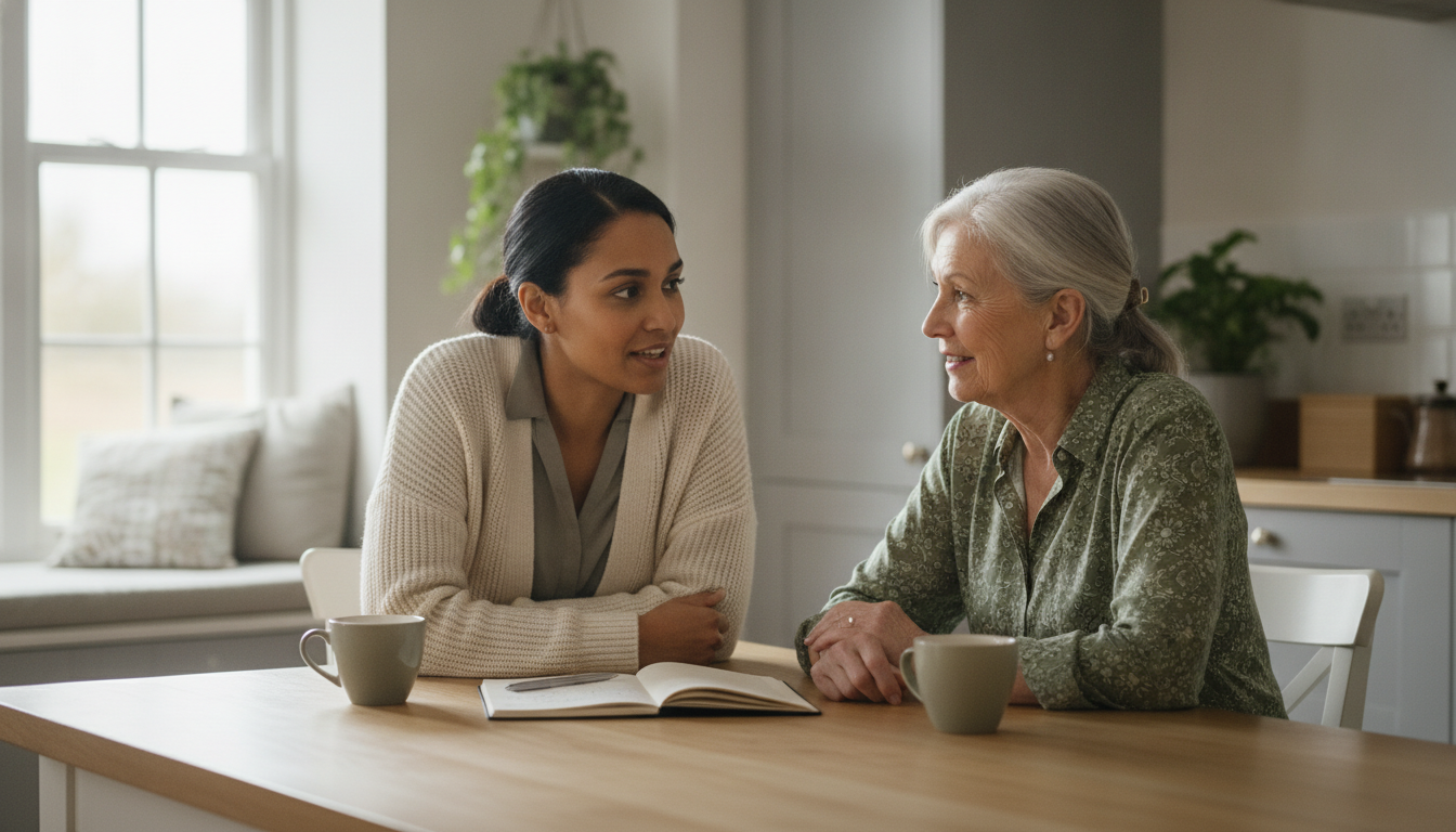 A support worker and an older client in warm conversation at a bright kitchen table, notebook and tea between them