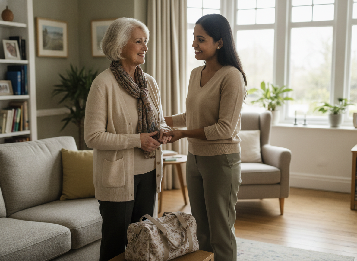 An adult settling back into their welcoming home with a support worker's help, a bag of belongings resting nearby, warm and optimistic mood