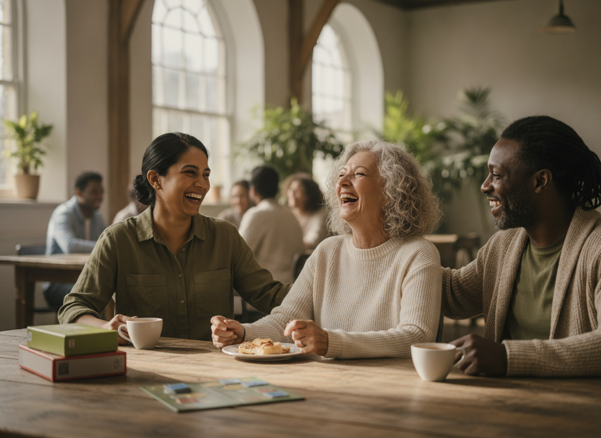 An older adult sharing a genuine laugh with a support worker and a friend, a warm sense of community and connection