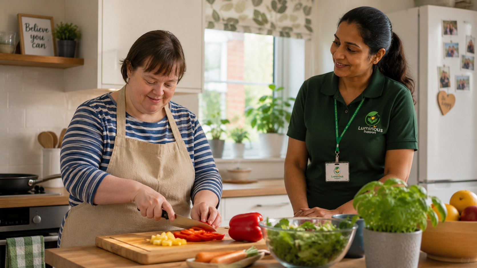 A woman preparing food in her kitchen with support and encouragement from a support worker