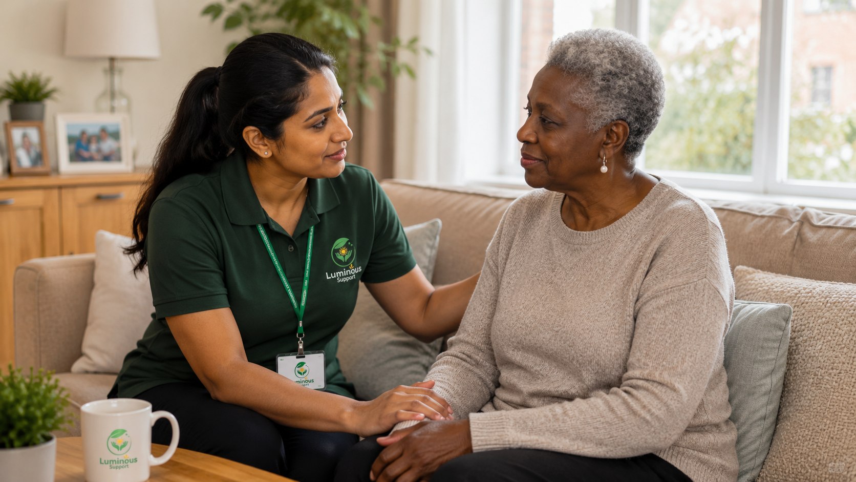 A support worker sitting closely with an older woman in an armchair, holding her hand warmly