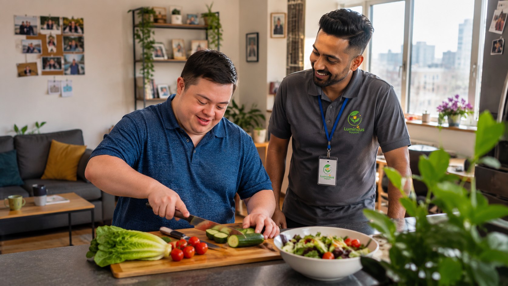 A young man confidently preparing a salad in the kitchen of his own flat while a support worker looks on