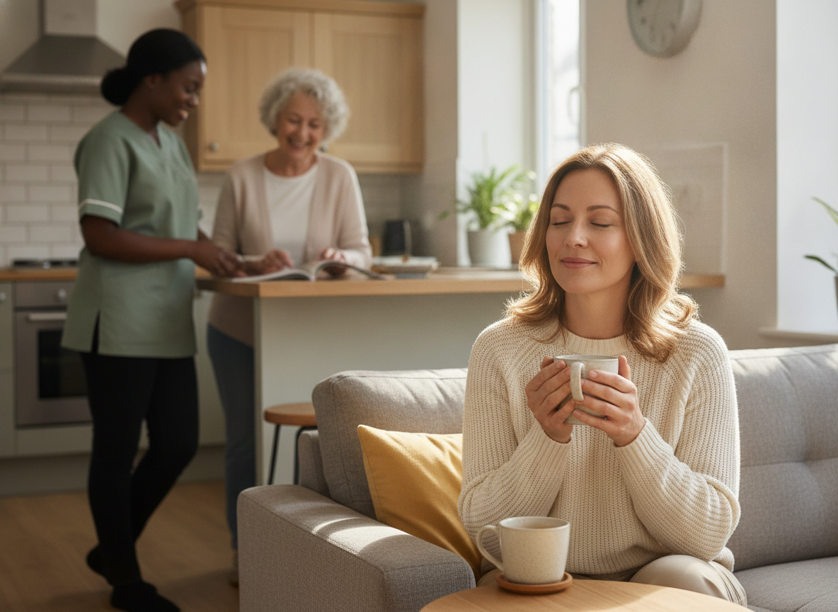 A relaxed adult daughter enjoying a cup of tea on the sofa while, in the background, a support worker warmly assists her older mother in the kitchen