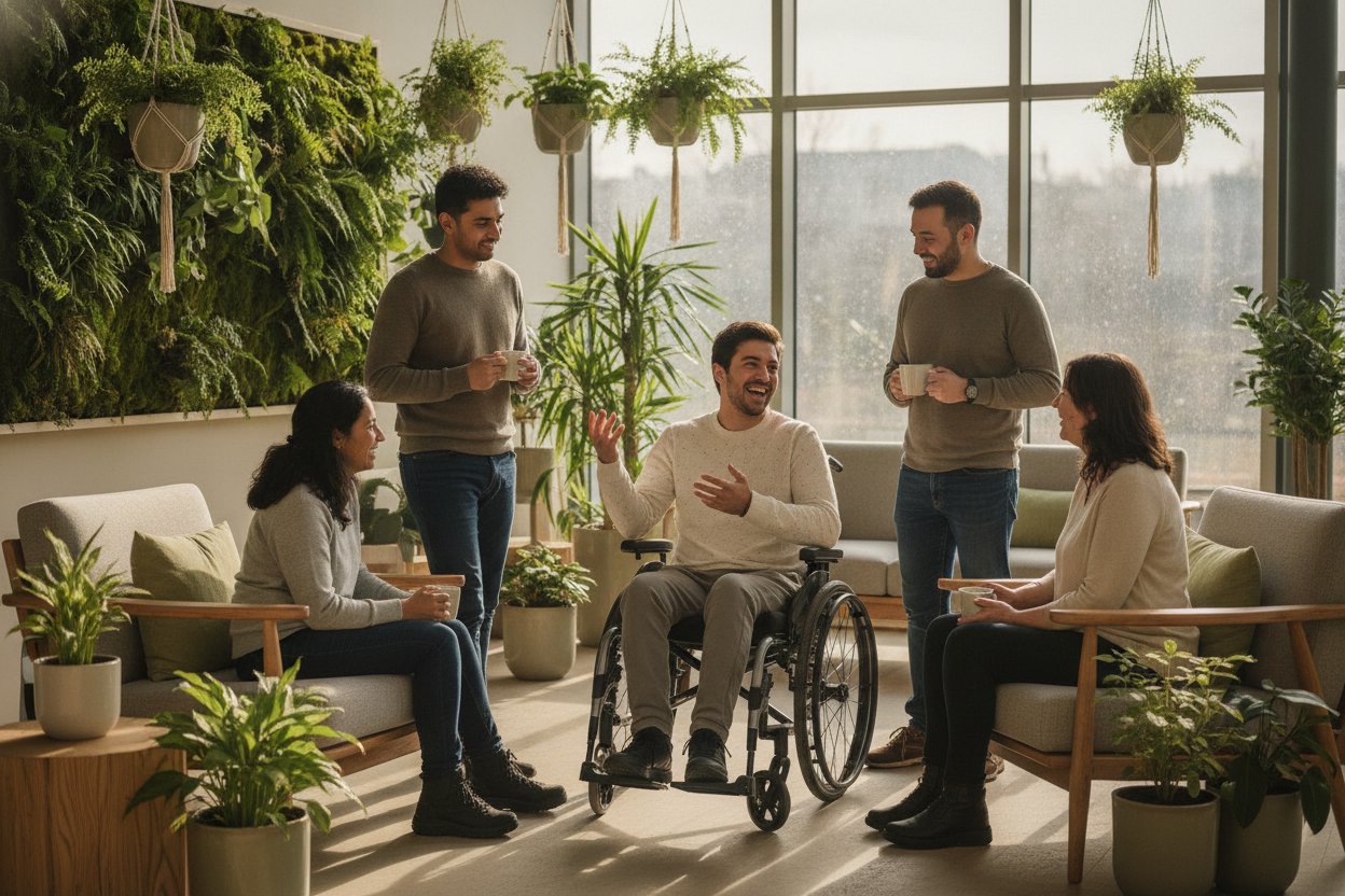 A diverse group of adults of different ages and backgrounds spending time together in a bright community space