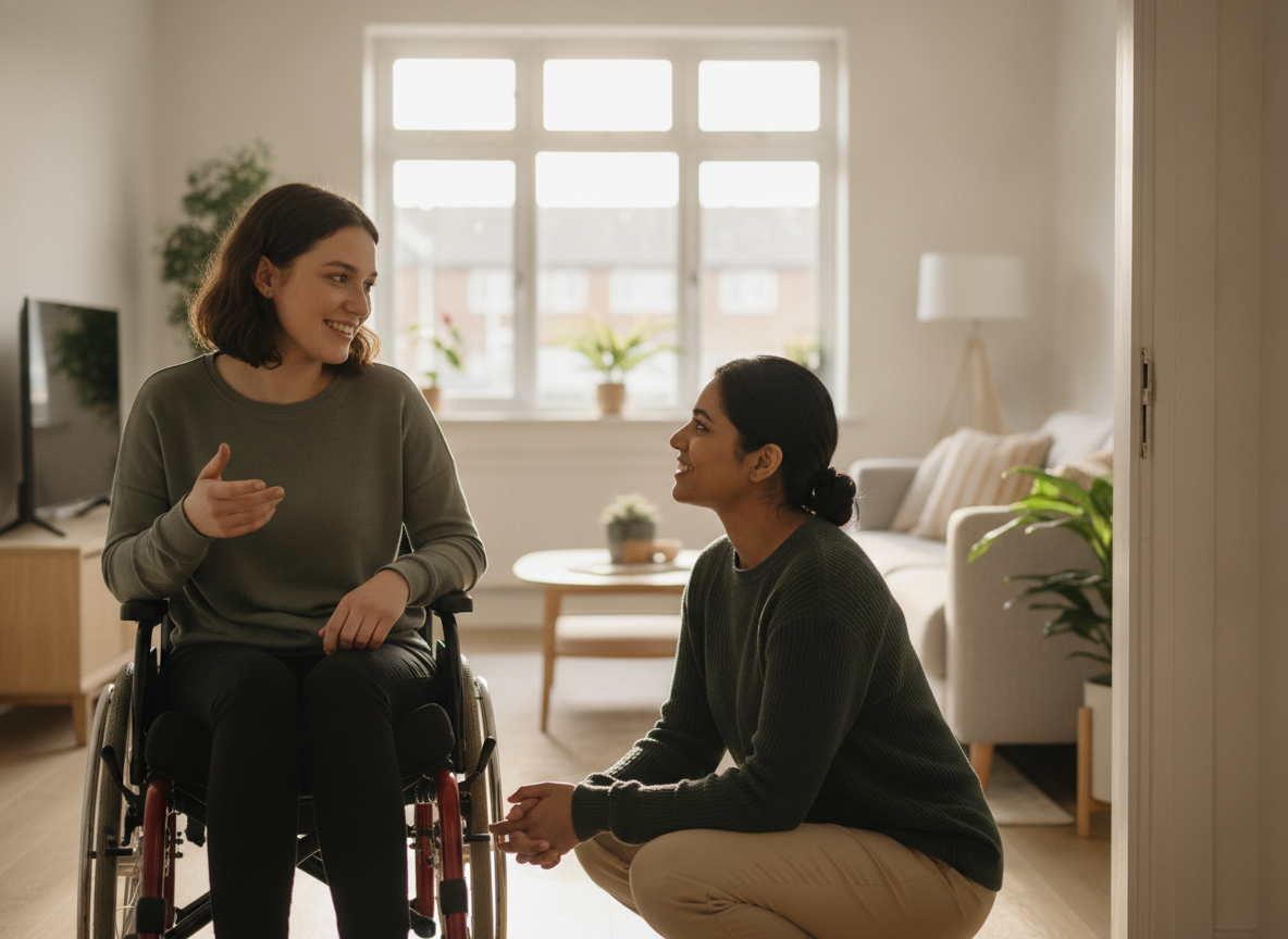 A wheelchair user chatting confidently with a support worker who has crouched down to be at eye level, in a bright home living room